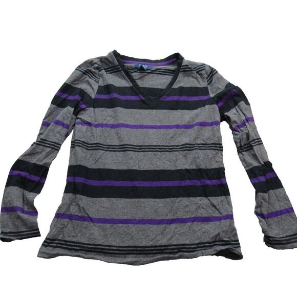 Chaps Sweater Womens Large Gray Black Purple Striped V Neck Pullover Long Sleeve - Picture 1 of 7